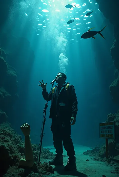 A photo of a canserbero submerged in the Atlantic Ocean at more than 200 meters below sea level rapping to a lantern fish while it is holding Pinocchio&#39;s hand. Canserbero looks comfortable wearing without wearing a diving suit. Add a sign in the lower ...