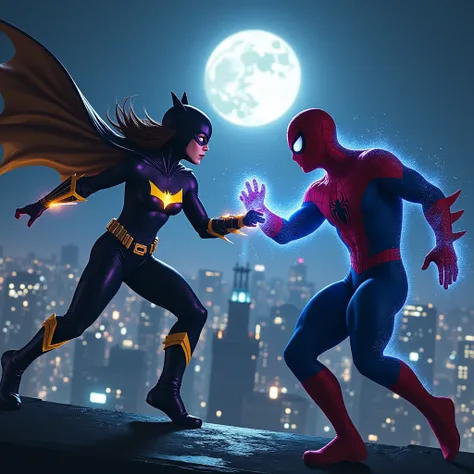 Batgirl and Spider-Man in a Midnight Showdown:Setting: A dark city rooftop under a full moon.Colors: Batgirl in a sleek, purple and gold suit with glowing accents; Spider-Man in a red and blue suit with electric blue highlights.Style: Cinematic, dynamic po...