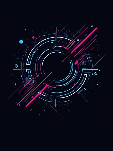 Minimalist abstract design for a t-shirt in a cyberpunk style. A sleek combination of clean lines, geometric shapes, and futuristic elements, using a limited color palette of black, neon blue, and neon pink. The composition should evoke a sense of high-tec...