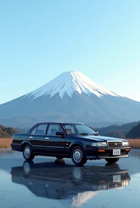 Toyota Corona 1992 black color with a background of Mount Fuji