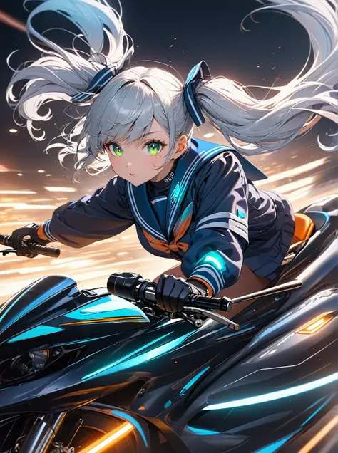 Ultra high resolution, rich colors, perfect image, best quality, detailed image, beautiful single woman, glowing skin, skin and clothing texture, delicate eyes, futuristic bike, driving, drifting, sailor uniform, silver hair twin tails, green eyes