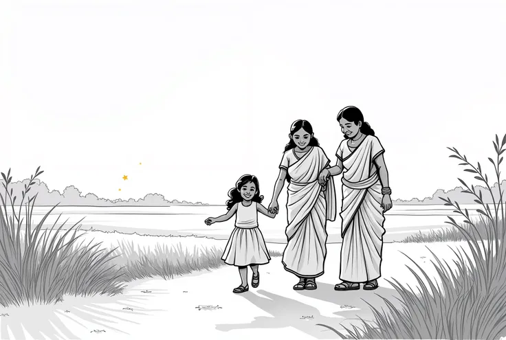 5. The young girl wearing frock  girl walking back home with her mother in saree at sunset, a few twinkling stars are visible, her grandma wearing an indian saree is bidding goodbye, high quality image, black and white line art image, all of the characters...