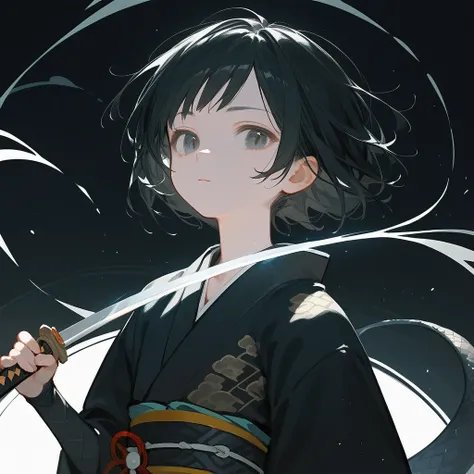 1 girl, Black Hair, iris, beautiful_face, Black snake motif, Kimono with scale pattern, Solo Illustration, short hair, Black kimono, Holding a sword, Upper Body, Flat Chest, Squint your eyes