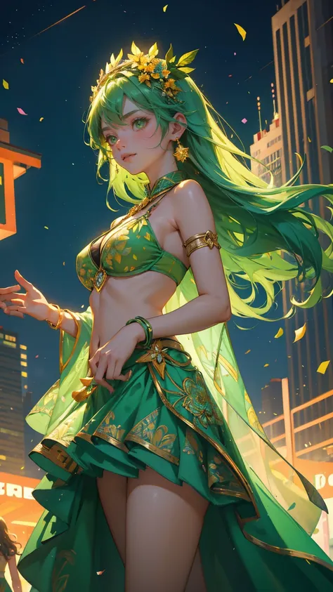 background more visible and  add green color A vibrant celebration scene in a futuristic city in gren color , featuring three beautiful, cute girls in festival attire. The central girl is wearing a colorful flower crown adorned with glowing coins and a bik...