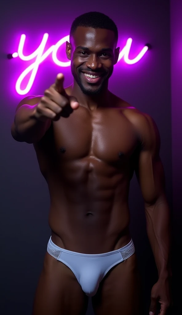 nsfw, gay, homoerotic, best quality, masterpiece, hyper realistic, extremely detailed, "you" text in purple neon lights in the background, huge bulge in extremely tiny white gstring pouch, extremely handsome african man, smile, pointing finger towards came...