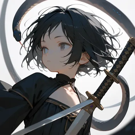 1 girl, black hair, iris, beautiful_face, black snake motif, solo illustration, short hair, black kimono, holding a sword, upper...