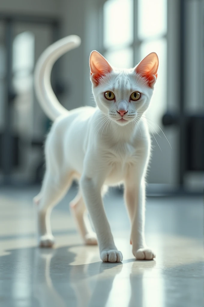 A thin white cat push up on a gym