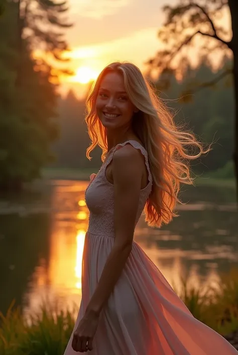 (High pitched sound:1.2),Portrait,Latin Women, 30 years,long blonde hair,Hazelnut eyes,smile,Walking in a forest with a lake,During a beautiful sunset,soft light,Serene atmosphere,nature,The Tree of Merit,A delicate breeze,Lush greenery,The calm water surf...