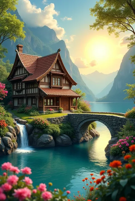 



         Create a realistic image with full resolution 8k cinematic quality of a serene landscape. In the foreground, a cozy rustic house with wooden walls and a tiled roof is surrounded by lush greenery and vibrant blooming vegetation. The house is si...