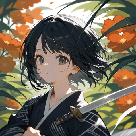 1 girl, black hair, iris, kimono, beautiful_face, black snake motif, 蛇の鱗模様のkimono, solo illustration, short hair, 黒いkimono, hold...