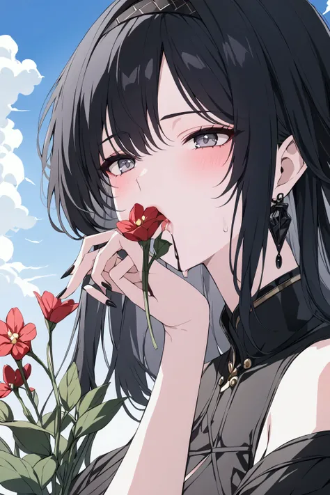 black haired woman with sky grey eyes, drooling black ink, kissing a flower.