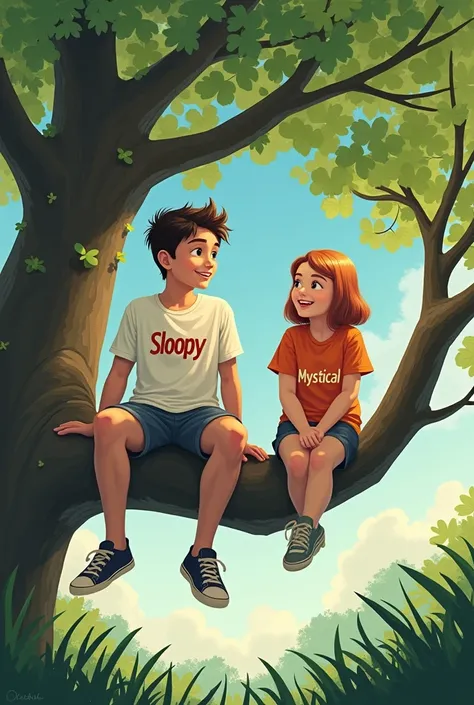 A guy with a t-shirt that says sloopy sitting in a tree with a girl thats wearing a t-shirt that says mystical.