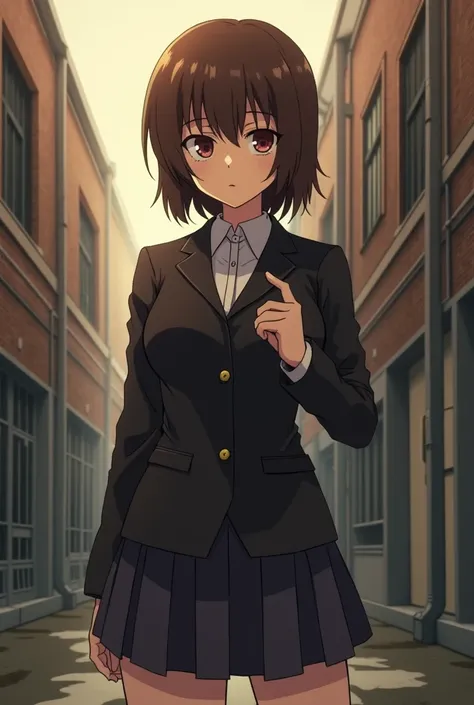 Kururi Orihara, sexy, school uniform, brown hair, short hair, standing, curvy, brown eyes, emotionless, Durarara, anime, character, Busty, mature