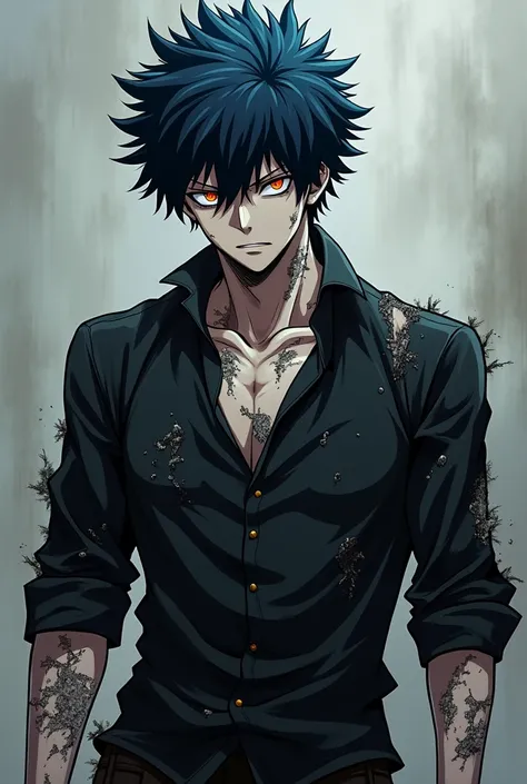 Dabi from boku no hero academia in a messy black dress shirt