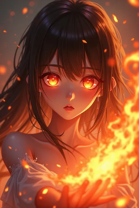 Anime girl playing with fire have a red eyes glowing eyes beutiful aura.....