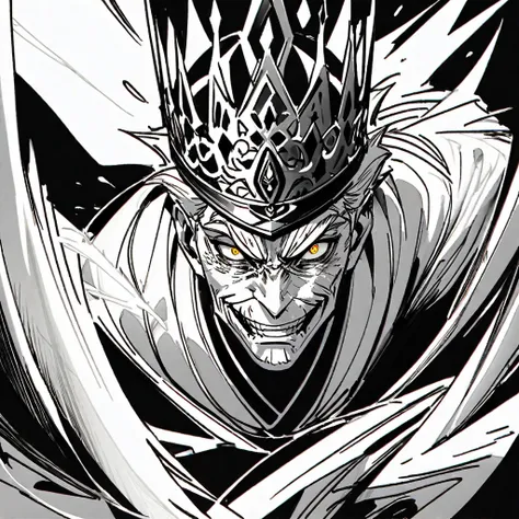 upper body,独奏,muscular old man,wrinkles on face,the strict king,whitebeard,sharp eyes,crown,cape, (monochrome:1.5),white flat co...