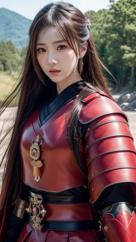 a beautiful japanese female samurai, full upper body portrait, wearing a red samurai armor, long brown hair, pale skin, serious ...