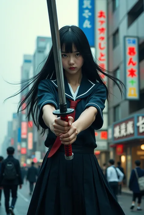 High school girl holding a Japan sword、Shibuya、Cloudy、Black Hair、Shortcuts、Japanese、Real、photograph、