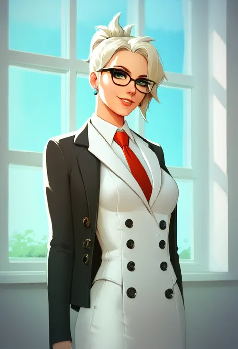 score_9, score_8_up, score_7_up, masterpiece, high quality
 mrcy, short hair, high ponytail, (((double-breasted suits))), 1girl, glasses, formal, jewelry, suit, necktie, earrings, jacket, shirt, standing, window, jacket, shirt, skirt, makeup, smile. portra...