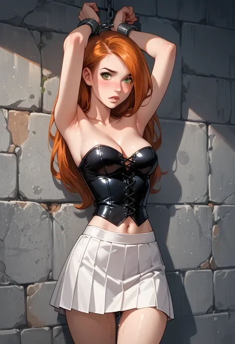 kim possible, detailed eyes, high detailing, narrow waist, 1girl, wearing (tight white skirt:1.2) and (cropped black corset:1.4)...