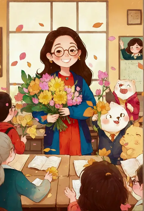 The classroom is filled with sunshine in the afternoon, A teacher wearing glasses happily holds flowers sent by students, warm tone, teachers character design