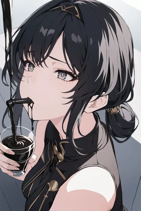 Black haired woman with sky grey eyes, drooling black ink, pours drink in her mouth from above, side profile, blank stoic expression 