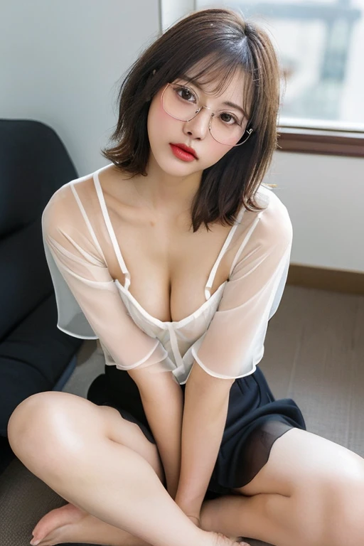 (((最high quality))), (high quality), (Beautiful details), Realistic as a photo, Woman in glasses, (((OL, officeレディー))), ((Brown short hair)), Natural Makeup, (Soft looking breasts), (well-shaped chest of medium size,), valley, ((Translucent, clear, beautif...