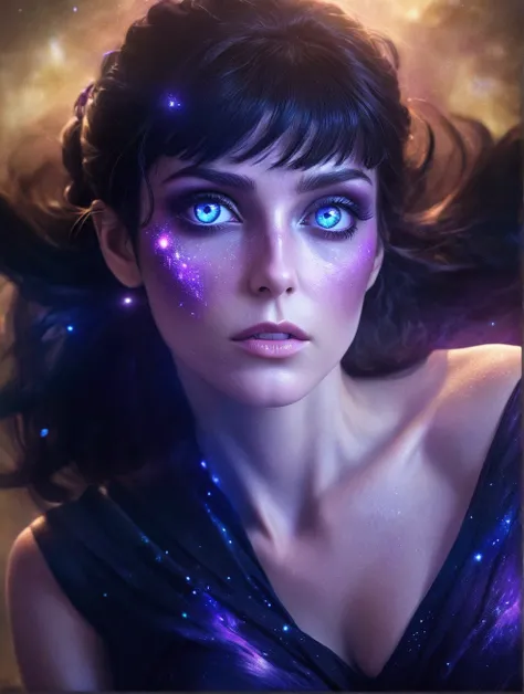 arafed woman with blue eyes and a black dress with a purple glow, portrait of a cosmic goddess, stars in her gazing eyes, strang...