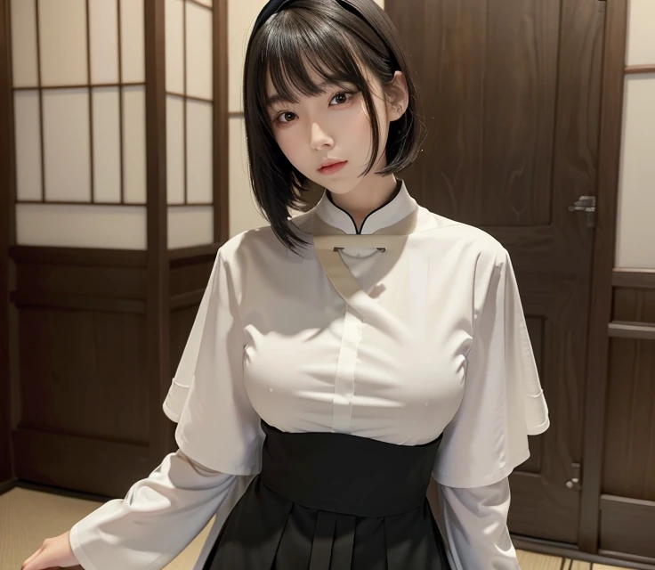 1 girl, Slim girl, Japanese,mesh,Black Hair,Small eyes,Very droopy eyes,Big thick lips,Large Breasts, holy,((full length)),(((Sacred))),((Cassock clothing))Shortcuts, Bangs,