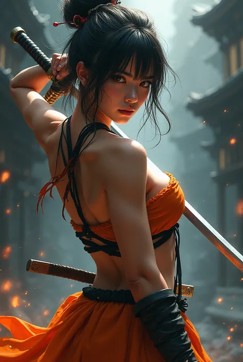 chest, 　warrior　sword　Japanese women　Orange underwear　sexy　





