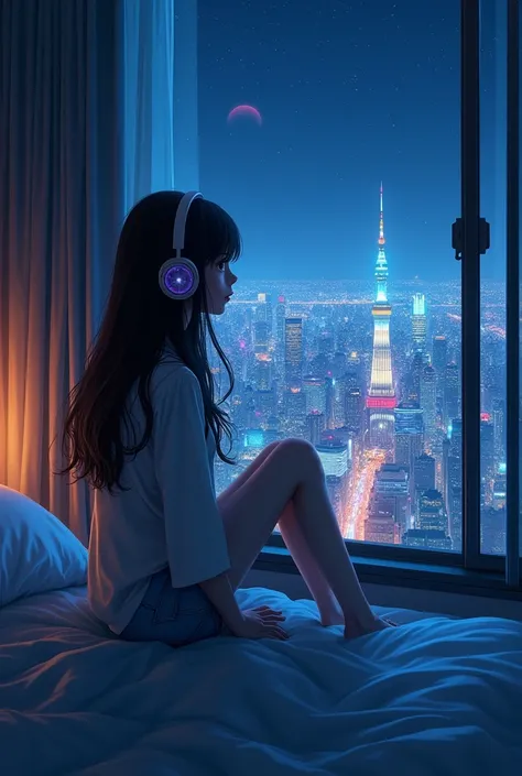 Suzuki Hideto-style images　A girl looking at the beautiful night view of the city from her room while listening to music through headphones