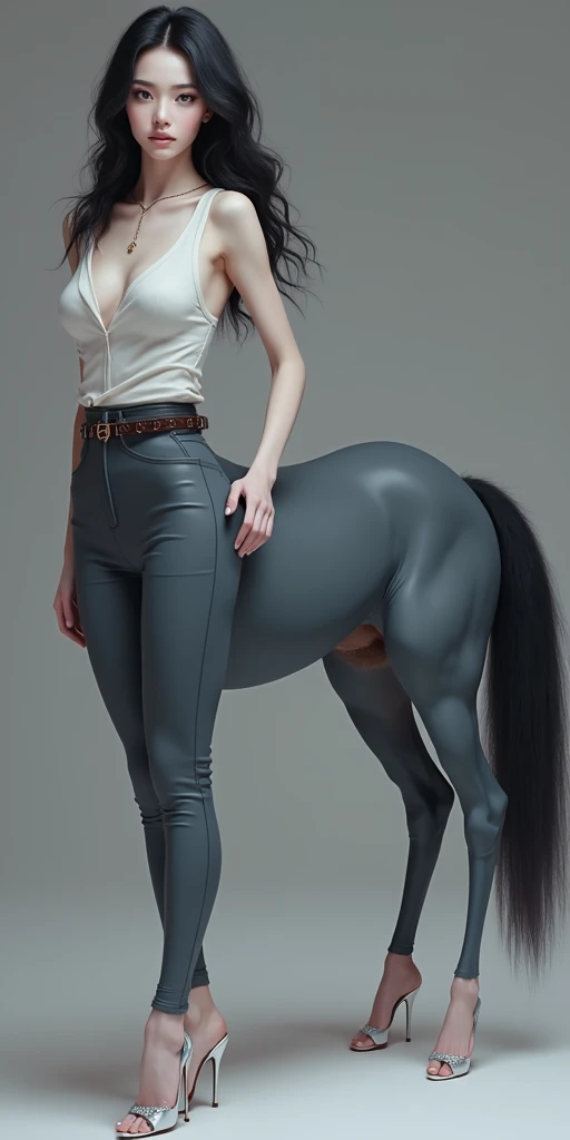 masterpiece,(Best quality:1.3),Centaur girl,lora:Centaur girlV1.0:0.6,(Icefield:1.3),(Head and body 1：9：1.3)Nine-head body，Elegant, beautiful and elegant，All four legs are wearing tight white collar black，White shirt，Leisure fur，Beautiful body，Black white ...