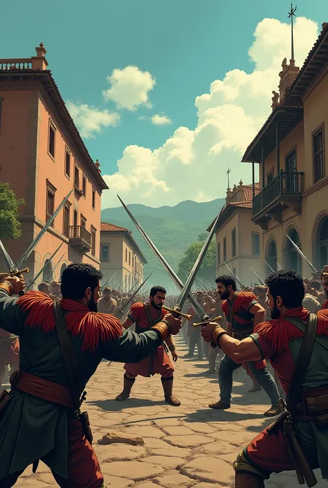 A mestizo army loses the battle against 3 Spanish guards in the viceroyalty 2D graphic novel