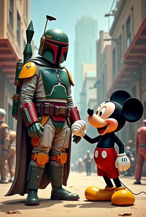 Boba Fett takes a photo with Mickey Mouse、Star Wars、movie、Mandaean、