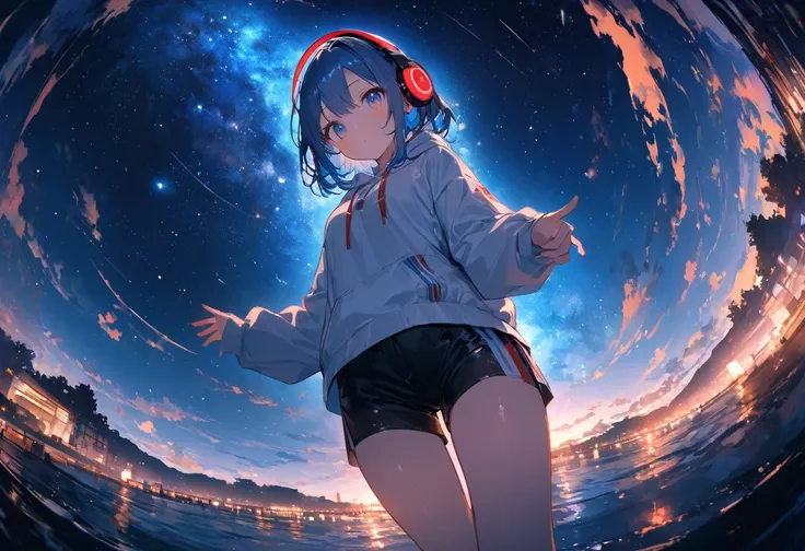 ((Amazingly absurd)),超High resolution, Attention to detail, high quality, High resolution, 最high quality, 4K, 8k、1 pretty girl、Blue Hair、blue eyes、White tight hoodie、Red headphones、Black shorts、Night view、Starry Sky、Fisheye Lens