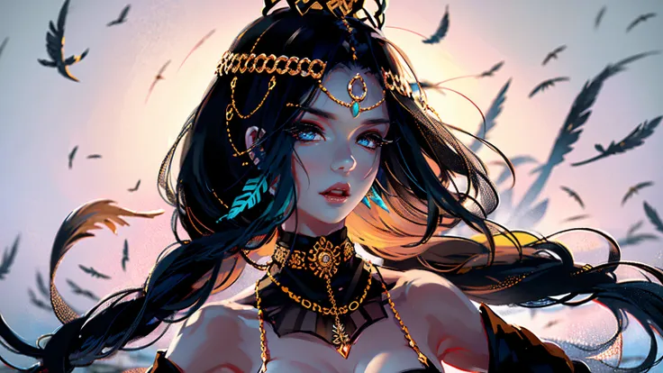 1 female，solitary，unique，wearing a black dress、wear a feather headdress, upper body，waist chain，inspired by shen si zheng, light...