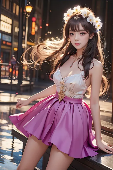 1girl
reine（Quality Improvement：1.4），1 girl, Full breasts，Visible cleavage，Sexy long legs，The skirt is very short，She gently lifted her skirt with one hand,Surrounded by white Phalaenopsis orchids，Lilac dendrobium、White Lily, Flying petals，（Top quality lea...