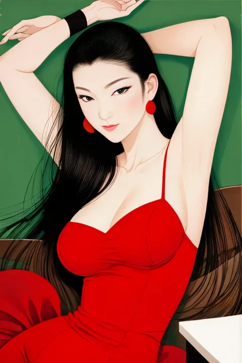 One Girl, Vector art, Flat Color, Pop Art,  Bobcut, whole body, Lofi Color, (Hyper), (Tabletop,最high quality:1.5)、 Amazing details, Anatomically correct, woman、Black Hair、whole body、sexy、Passionate、Stretch your legs、(Thighs)、(Large Breasts)、Plump Style、Loo...