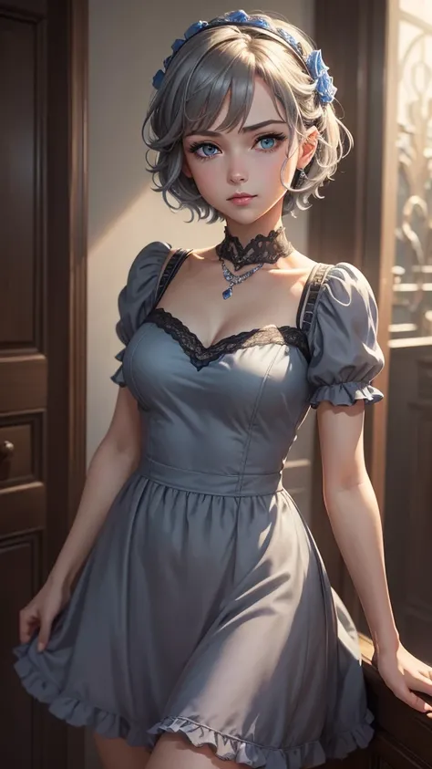 masterpiece, best quality, highres, 1girl, solo, anastasia (idolmaster), idolmaster cinderella girls, blue eyes, short hair, grey hair, black dress, cowboy shot, , closed mouth, upper_body,