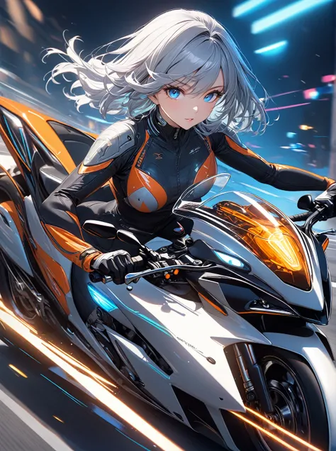 Ultra high resolution, rich colors, perfect image, best quality, detailed image, beautiful single woman, glowing skin, skin and clothing texture, delicate eyes, futuristic bike, driving, drifting, pantsuit, silver bob, blue eyes