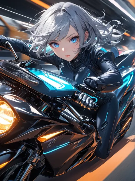 Ultra high resolution, rich colors, perfect image, best quality, detailed image, beautiful single woman, glowing skin, skin and clothing texture, delicate eyes, futuristic bike, driving, drifting, pantsuit, silver bob, blue eyes