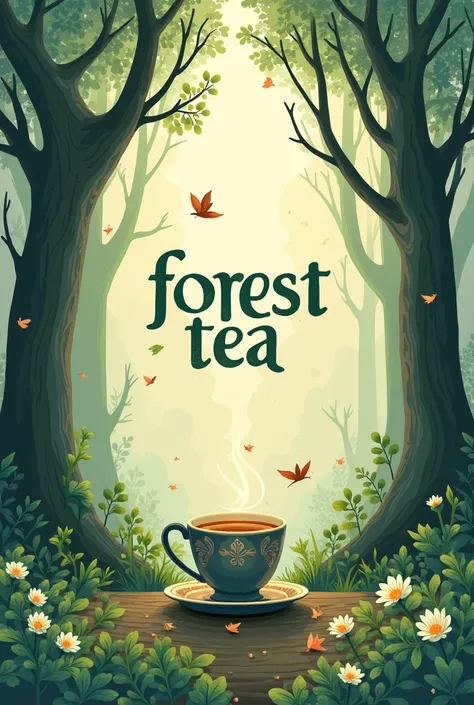 Make a design for word forest tea where f like forest o like earth r like tree e like environment s like one animal and t like tree and gap be tween forest and tea there is the cup  tea and tea word repreaeand tea remove word  add forest-tea word 