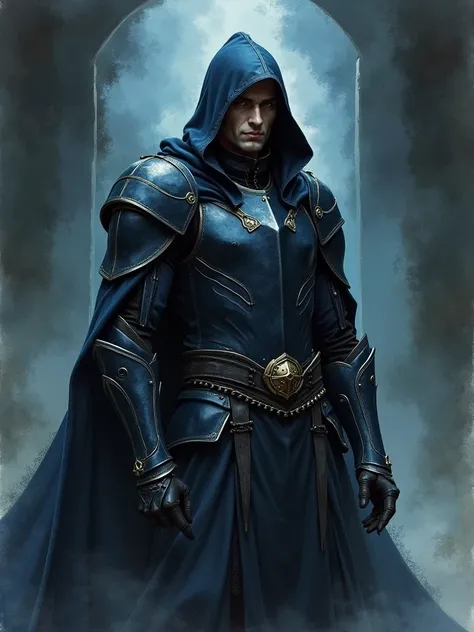 Watercolour painting character full body portrait of a half elf male shadow sorceror, dark armour and hood, smirk, creepy, charismatic, handsome, very dark shadowy background, creepy dark colours  