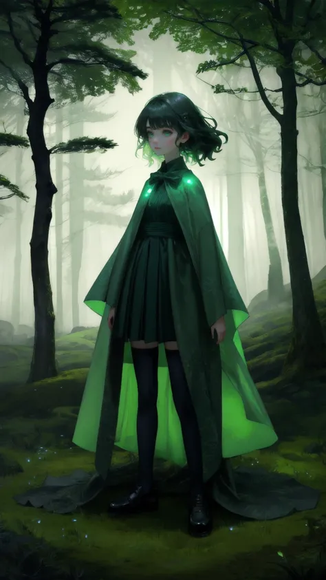 "A mysterious forest setting with twisted, gnarled trees and curling branches, all bathed in an eerie green glow. The ground is covered in moss and scattered leaves, with cobblestone paths winding through the scene. Hanging from the trees are strange, glow...