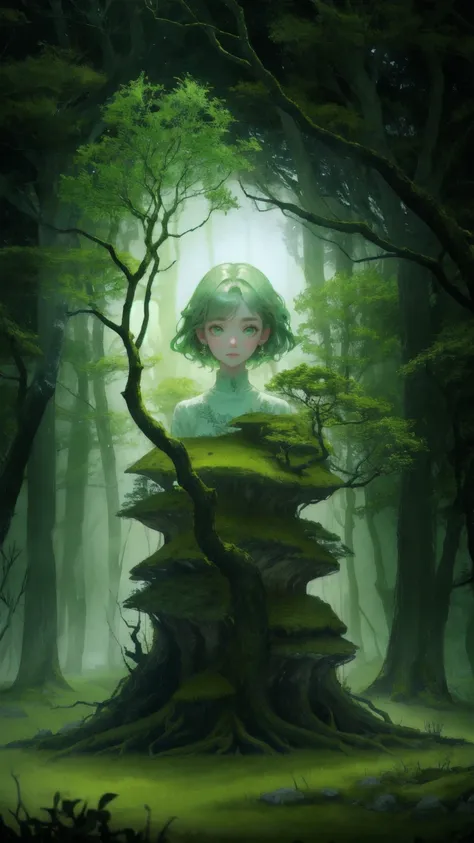 "A mysterious forest setting with twisted, gnarled trees and curling branches, all bathed in an eerie green glow. The ground is covered in moss and scattered leaves, with cobblestone paths winding through the scene. Hanging from the trees are strange, glow...