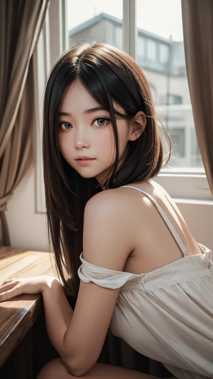 a girl who has short, beautiful shoulder-length hair and eyes that have the impression of a sharp gaze and has a cheeky and indifferent facial gesture