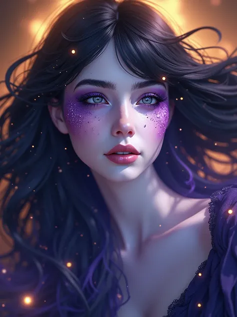 a majestic female goddess with dark purple, dark blue, yellow color palette, black hair, dark aura, ethereal, cinematic lighting, chiaroscuro, dramatic, photorealistic, extremely detailed, 8k, award winning digital art, concept art, artstation, elegant, my...