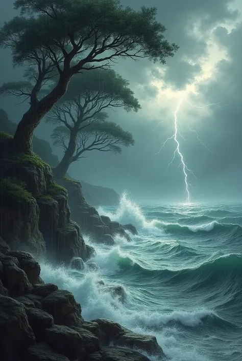 A stormy weather at sea show some trees and and rain