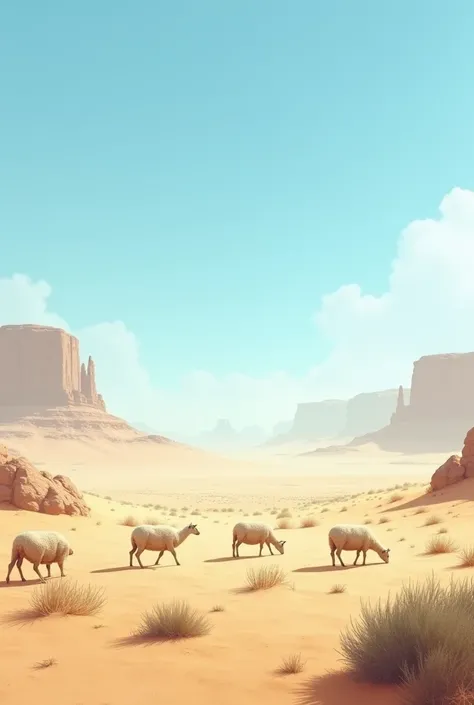 Dry sandy Desert, blue sky with little grass with the herd of sheep 