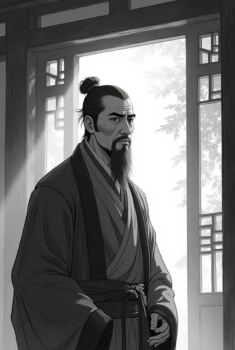 (comics, comics, black and white, landscape, panel), (best quality, masterpiece), 1 Sumara, Dappled sunlight, indoors, Song dynasty costumes, Tie your hair up  , 1 Summer, Li Song，man , (Goosebumps:0.7), manly face, (small scar, tie hair :0.9), beard，Chine...